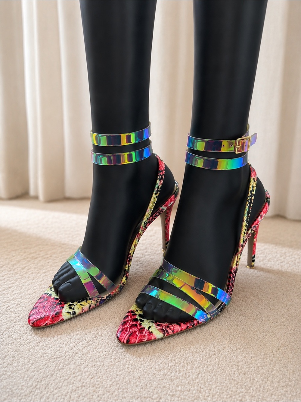 Iridescent and holographic Ankle-Strap heels